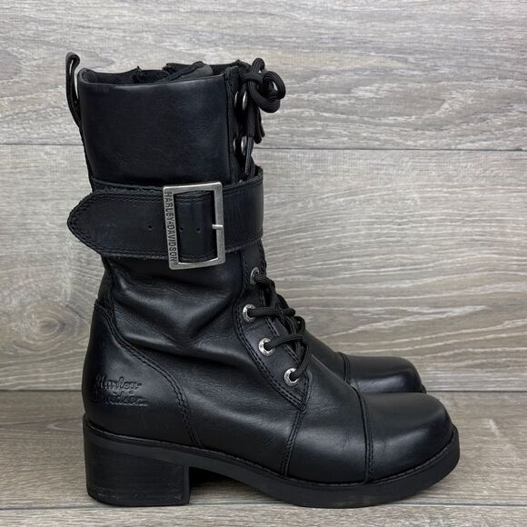 Harley-Davidson Jammie Women's Sz 8M Black Leather Buckle Zip Moto Boots D85259 - Picture 1 of 12